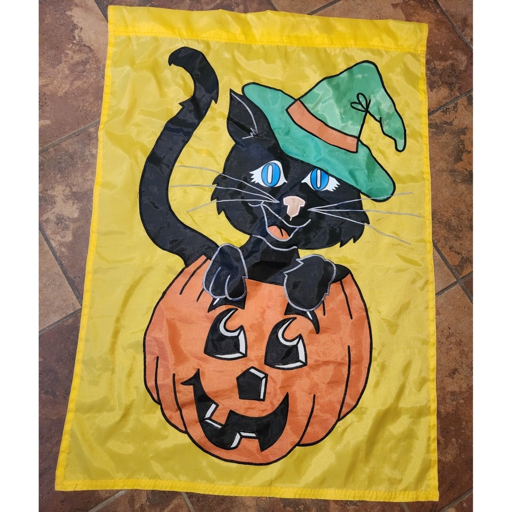 Vintage Halloween Full Size Cat Pumpkin Garden Flag Banner 27"x39" - Picture 1 of 5